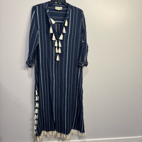 Boo Gemes blue Striped white Tassel Caftan Dress - Picture 1 of 8